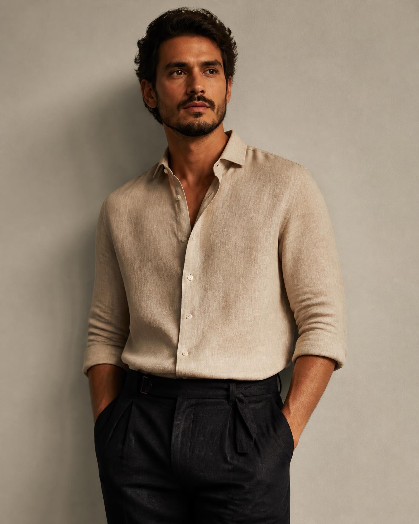 Homem vestindo camisa de linho da DM.COM Moda Masculina